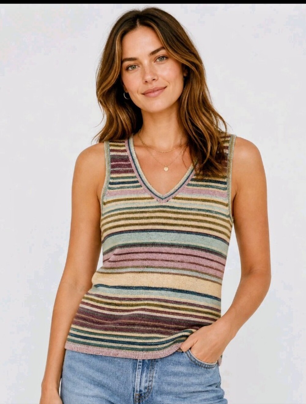 Villager By Liz Claiborne Vintage Pastel Striped V-Neck Tank Sweater